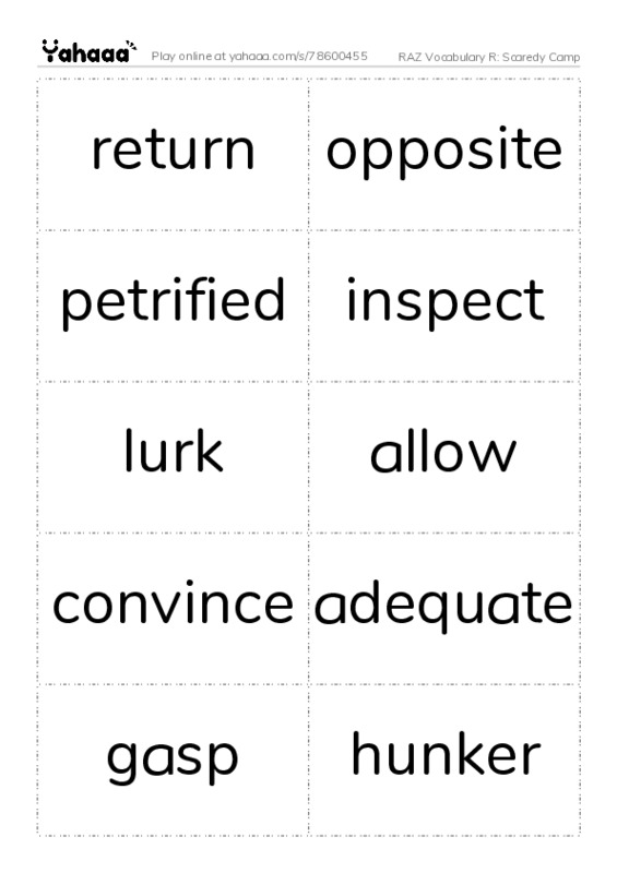 RAZ Vocabulary R: Scaredy Camp PDF two columns flashcards