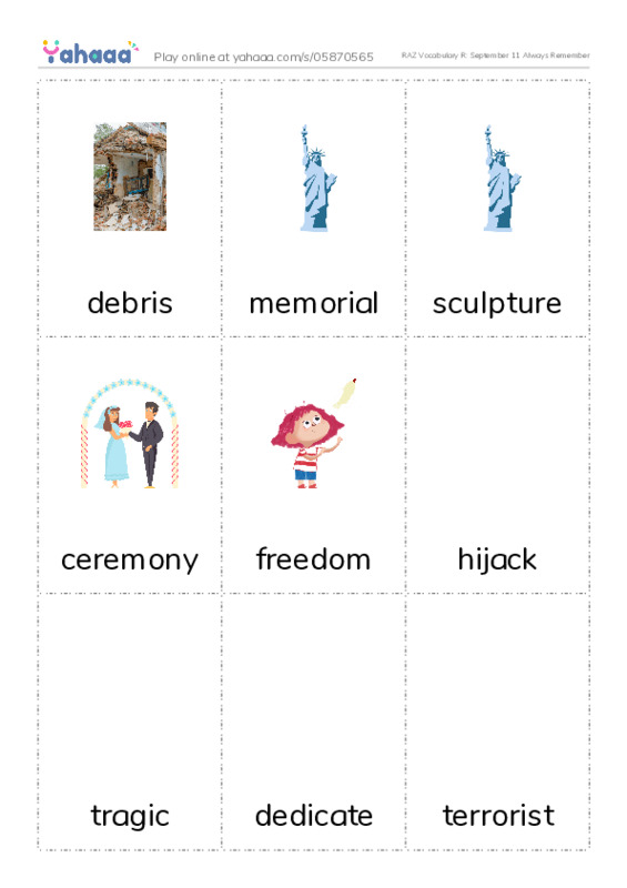 RAZ Vocabulary R: September 11 Always Remember PDF flaschards with images