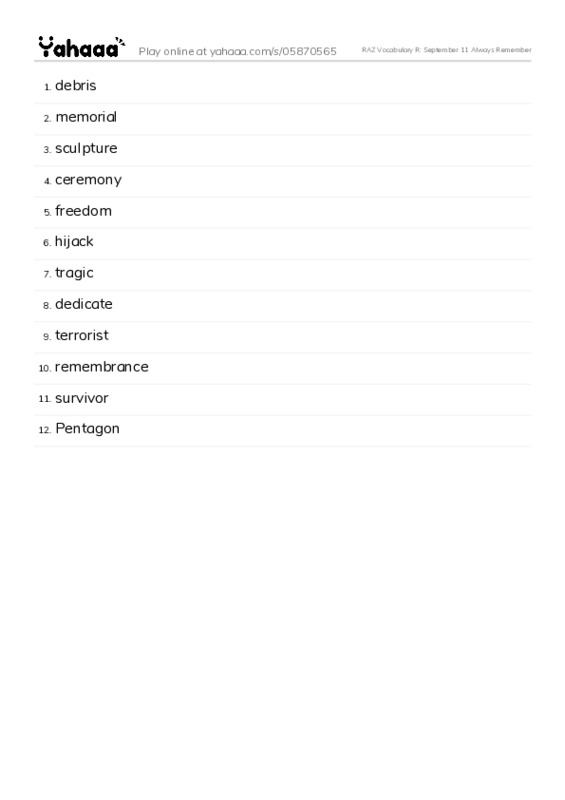 RAZ Vocabulary R: September 11 Always Remember PDF words glossary