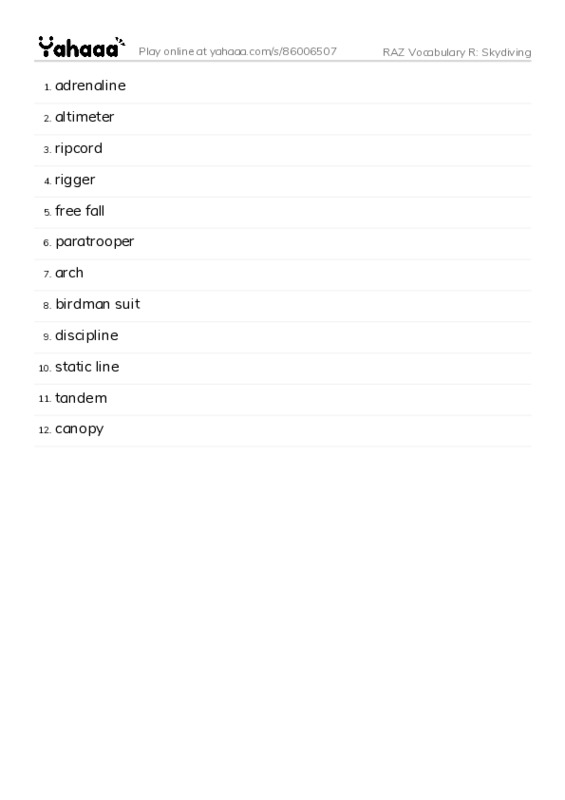 RAZ Vocabulary R: Skydiving PDF words glossary