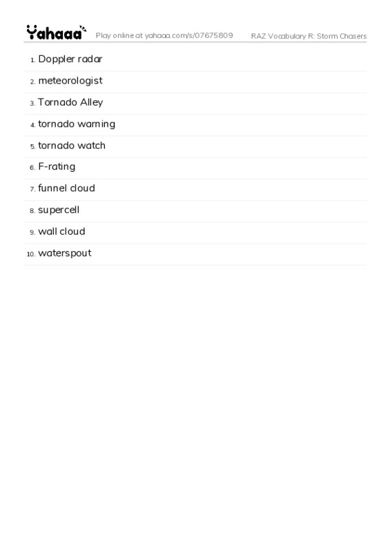 RAZ Vocabulary R: Storm Chasers PDF words glossary