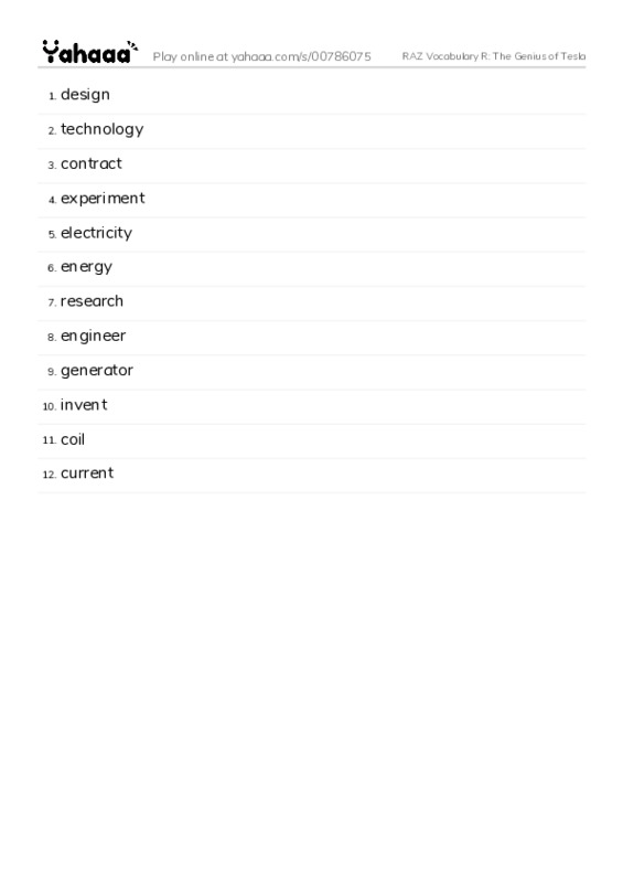 RAZ Vocabulary R: The Genius of Tesla PDF words glossary