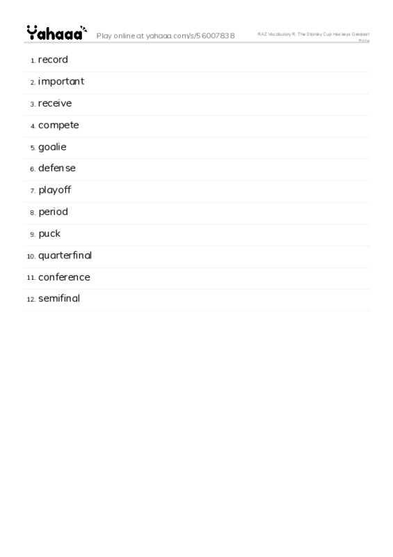 RAZ Vocabulary R: The Stanley Cup Hockeys Greatest Prize PDF words glossary