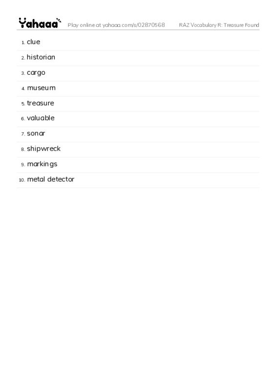 RAZ Vocabulary R: Treasure Found PDF words glossary