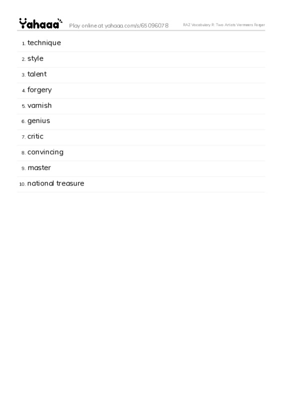 RAZ Vocabulary R: Two Artists Vermeers Forger PDF words glossary