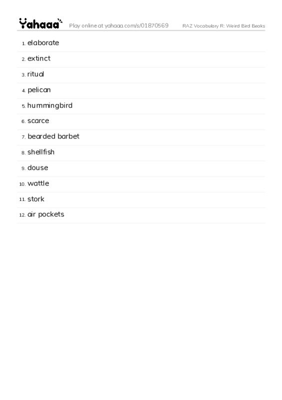 RAZ Vocabulary R: Weird Bird Beaks PDF words glossary