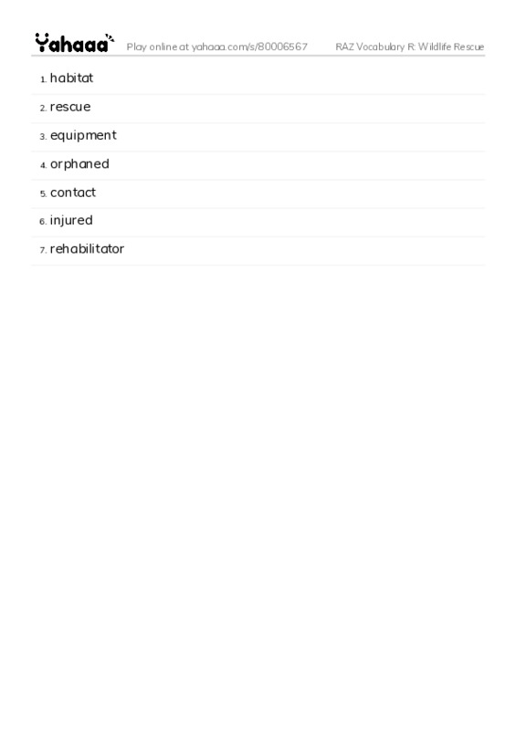 RAZ Vocabulary R: Wildlife Rescue PDF words glossary