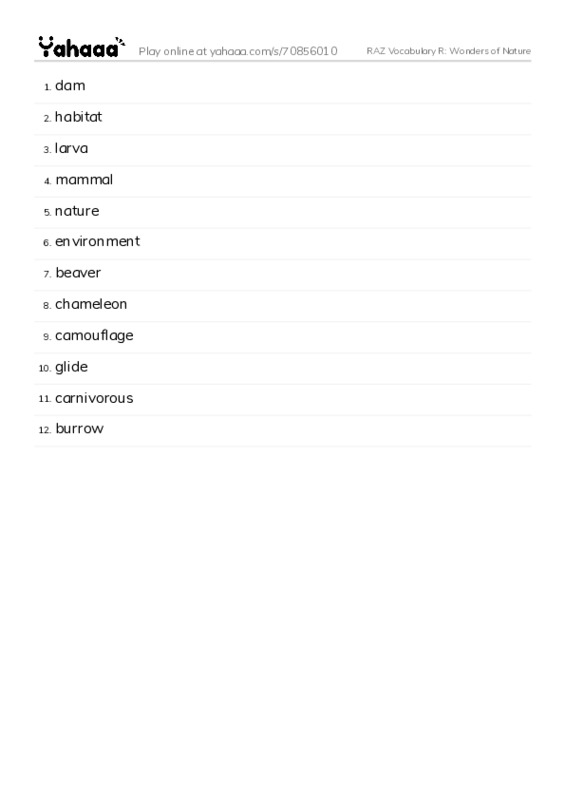 RAZ Vocabulary R: Wonders of Nature PDF words glossary