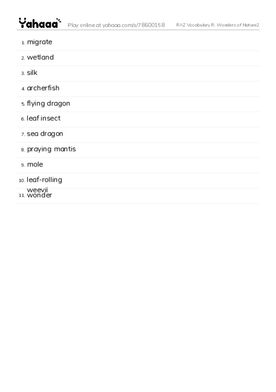 RAZ Vocabulary R: Wonders of Nature2 PDF words glossary