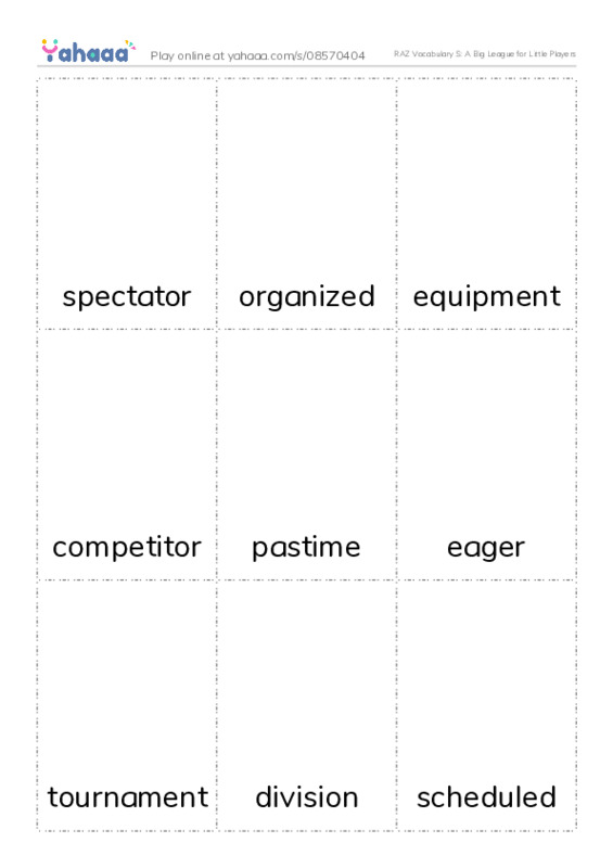 RAZ Vocabulary S: A Big League for Little Players PDF flaschards with images
