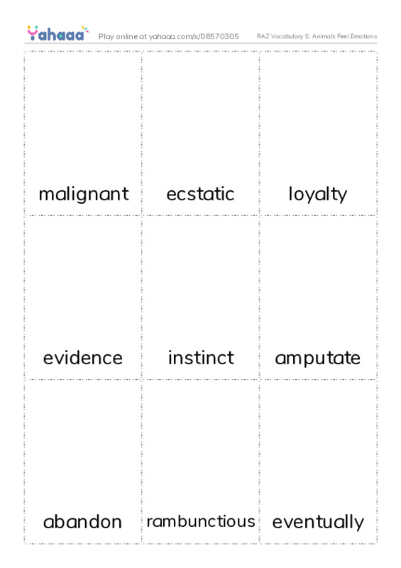 RAZ Vocabulary S: Animals Feel Emotions PDF flaschards with images
