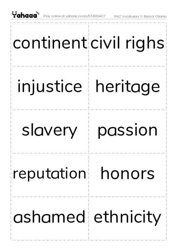 RAZ Vocabulary S: Barack Obama PDF two columns flashcards