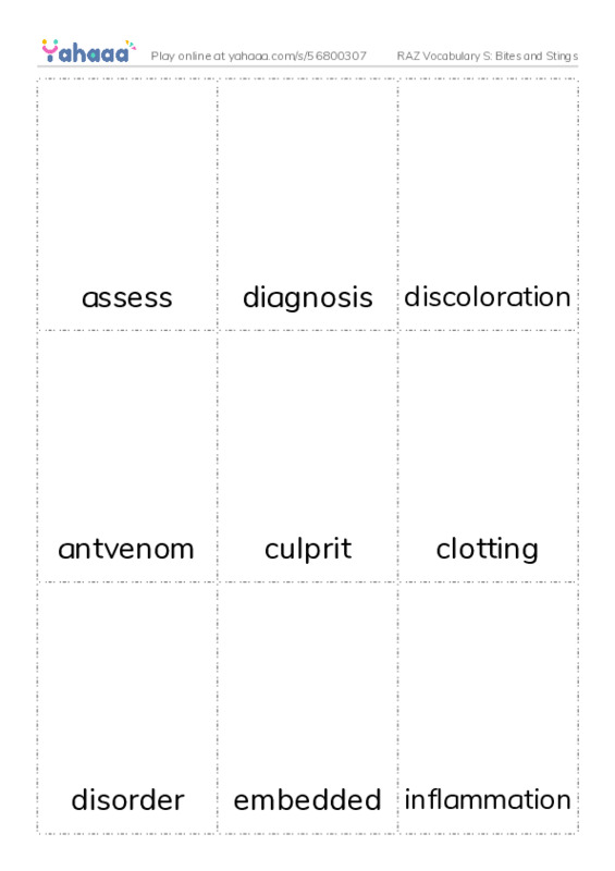 RAZ Vocabulary S: Bites and Stings PDF flaschards with images