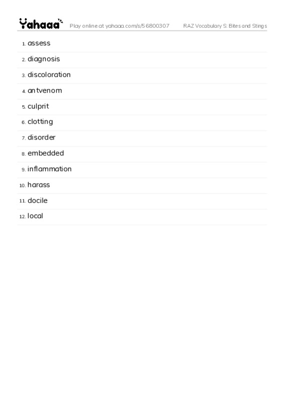 RAZ Vocabulary S: Bites and Stings PDF words glossary