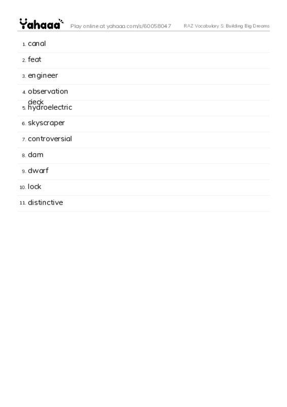 RAZ Vocabulary S: Building Big Dreams PDF words glossary