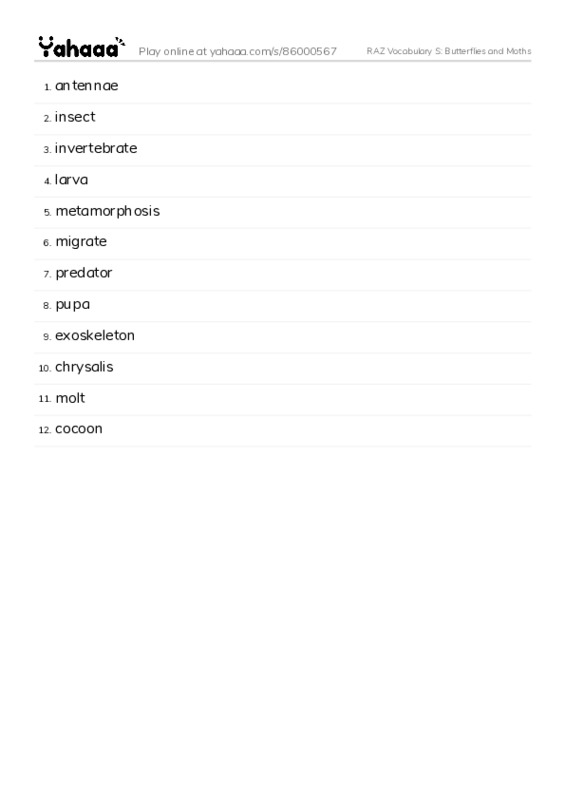 RAZ Vocabulary S: Butterflies and Moths PDF words glossary