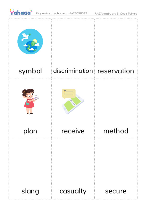 RAZ Vocabulary S: Code Talkers PDF flaschards with images