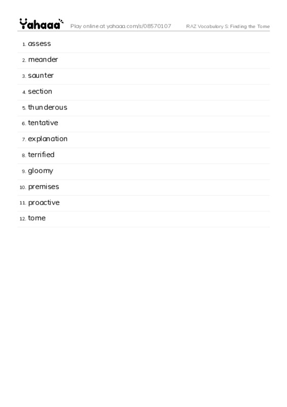 RAZ Vocabulary S: Finding the Tome PDF words glossary