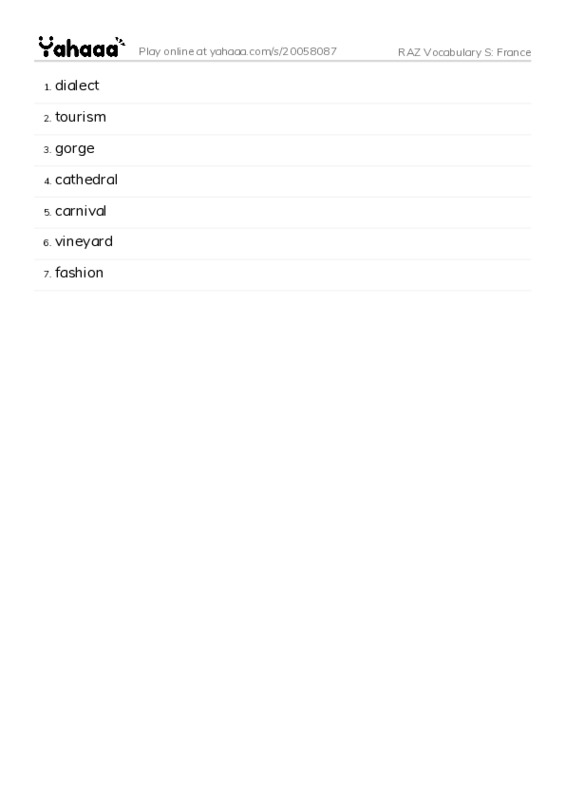 RAZ Vocabulary S: France PDF words glossary