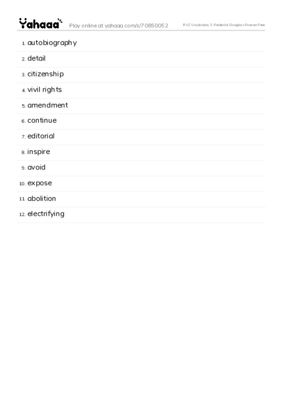 RAZ Vocabulary S: Frederick Douglass Forever Free PDF words glossary