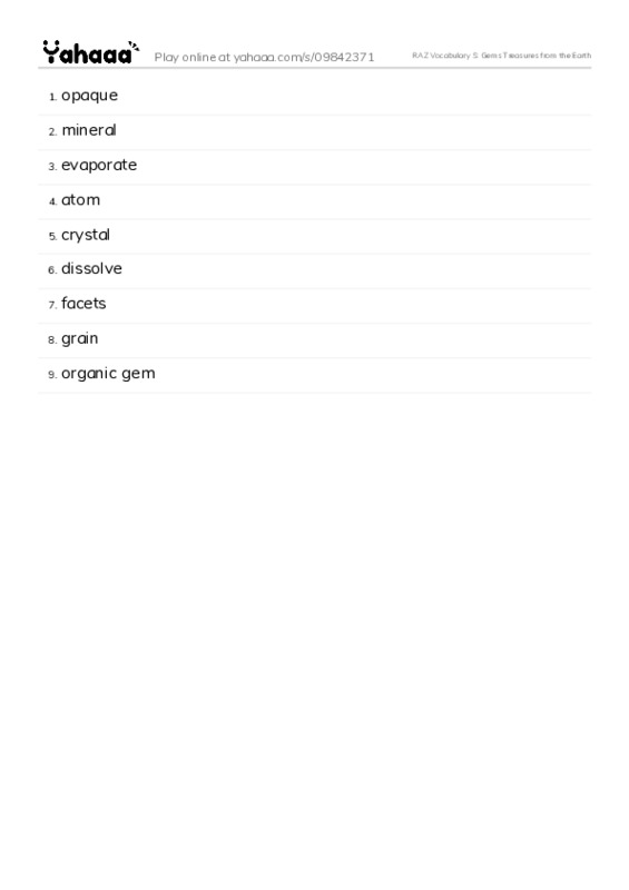 RAZ Vocabulary S: Gems Treasures from the Earth PDF words glossary
