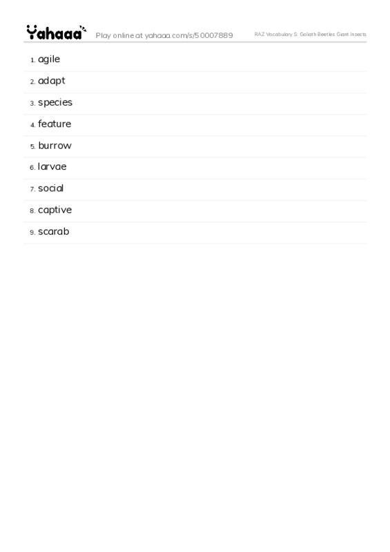RAZ Vocabulary S: Goliath Beetles Giant Insects PDF words glossary