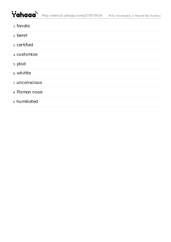 RAZ Vocabulary S: Harold the Dummy PDF words glossary