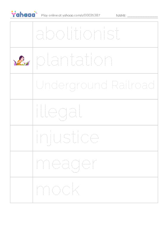 RAZ Vocabulary S: Harriet Tubman and Underground Railroad PDF one column image words