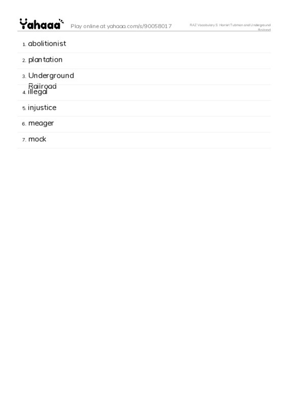 RAZ Vocabulary S: Harriet Tubman and Underground Railroad PDF words glossary