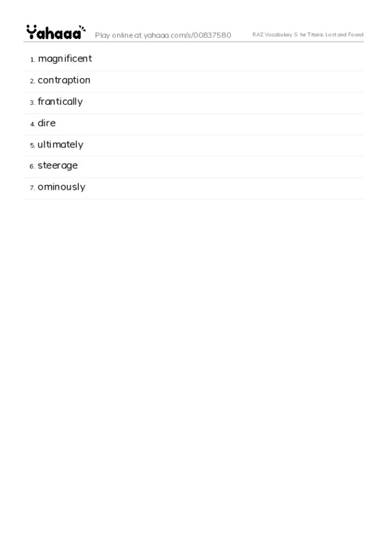 RAZ Vocabulary S: he Titanic Lost and Found PDF words glossary