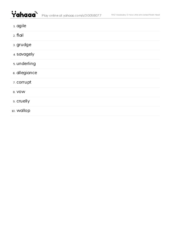 RAZ Vocabulary S: How Little John Joined Robin Hood PDF words glossary