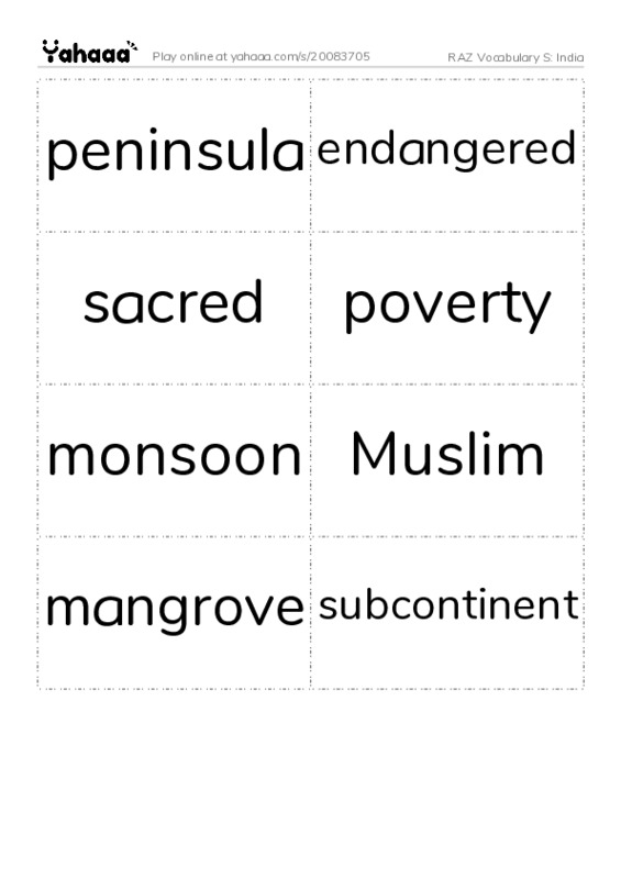 RAZ Vocabulary S: India PDF two columns flashcards