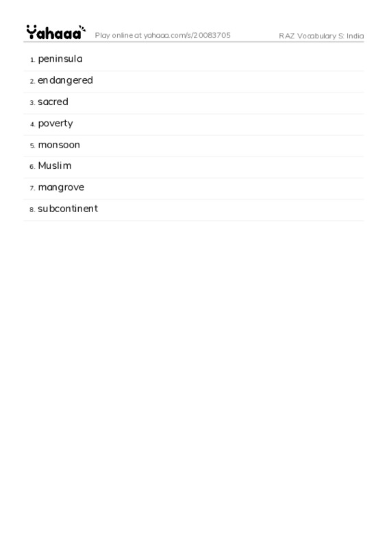 RAZ Vocabulary S: India PDF words glossary