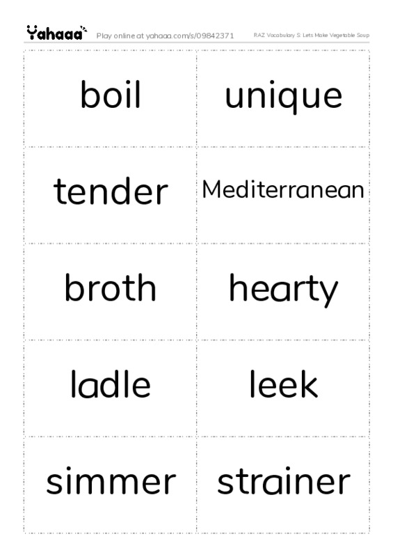 RAZ Vocabulary S: Lets Make Vegetable Soup PDF two columns flashcards