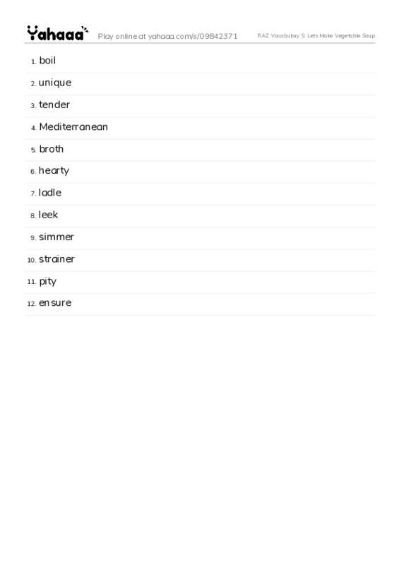 RAZ Vocabulary S: Lets Make Vegetable Soup PDF words glossary