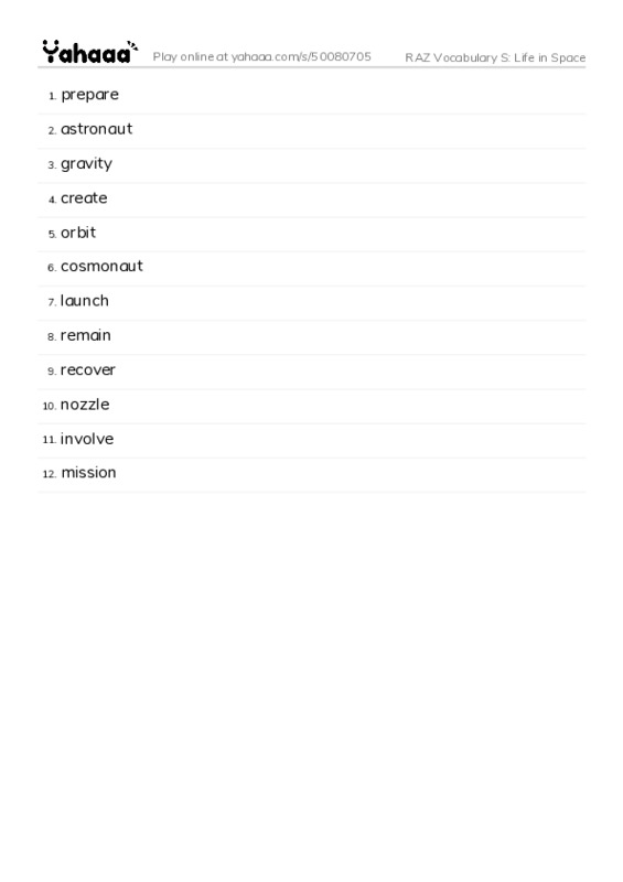 RAZ Vocabulary S: Life in Space PDF words glossary