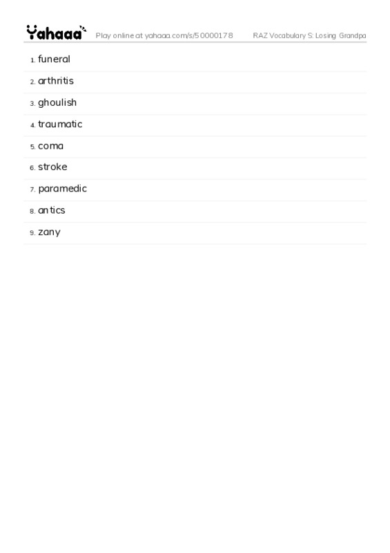 RAZ Vocabulary S: Losing Grandpa PDF words glossary