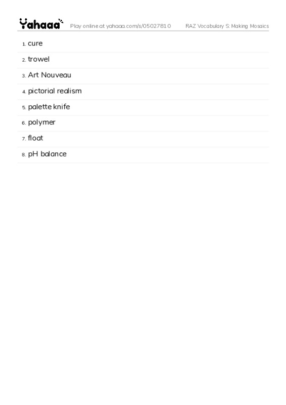 RAZ Vocabulary S: Making Mosaics PDF words glossary