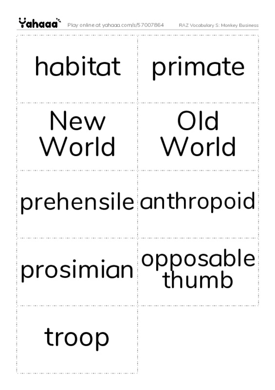 RAZ Vocabulary S: Monkey Business PDF two columns flashcards