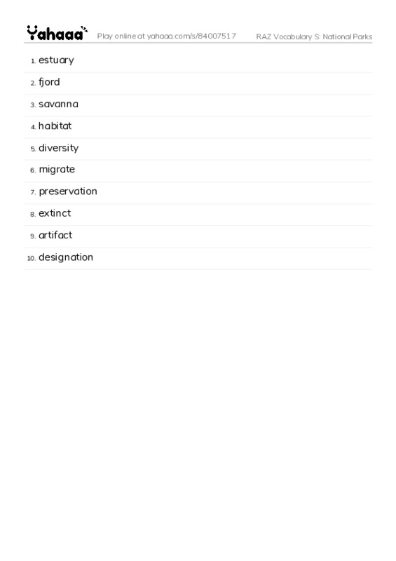 RAZ Vocabulary S: National Parks PDF words glossary