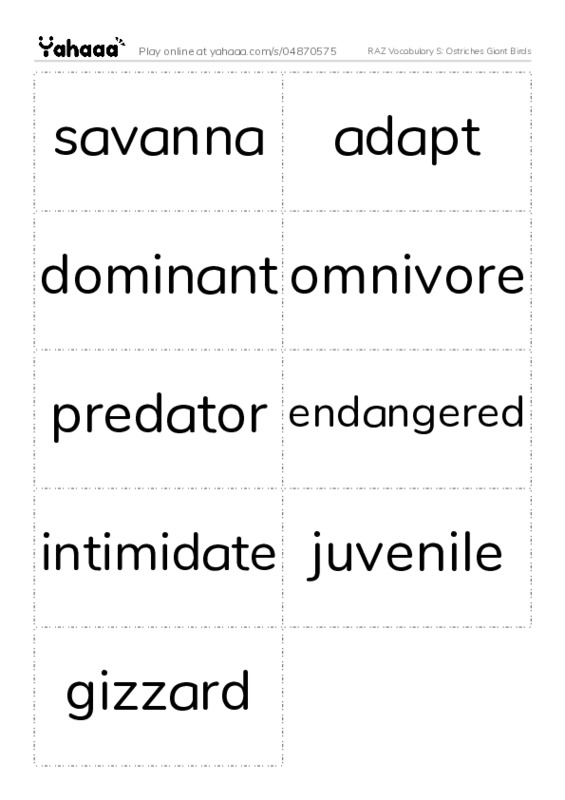 RAZ Vocabulary S: Ostriches Giant Birds PDF two columns flashcards