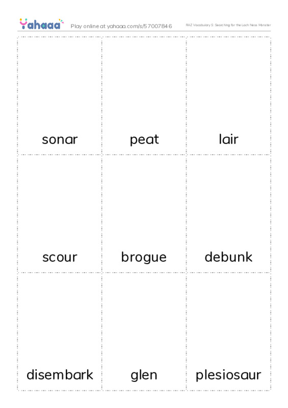 RAZ Vocabulary S: Searching for the Loch Ness Monster PDF flaschards with images
