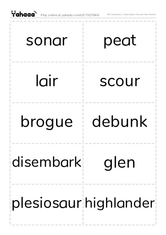 RAZ Vocabulary S: Searching for the Loch Ness Monster PDF two columns flashcards