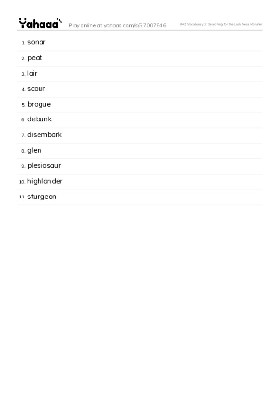 RAZ Vocabulary S: Searching for the Loch Ness Monster PDF words glossary