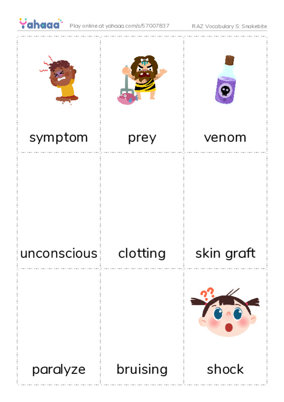 RAZ Vocabulary S: Snakebite PDF flaschards with images