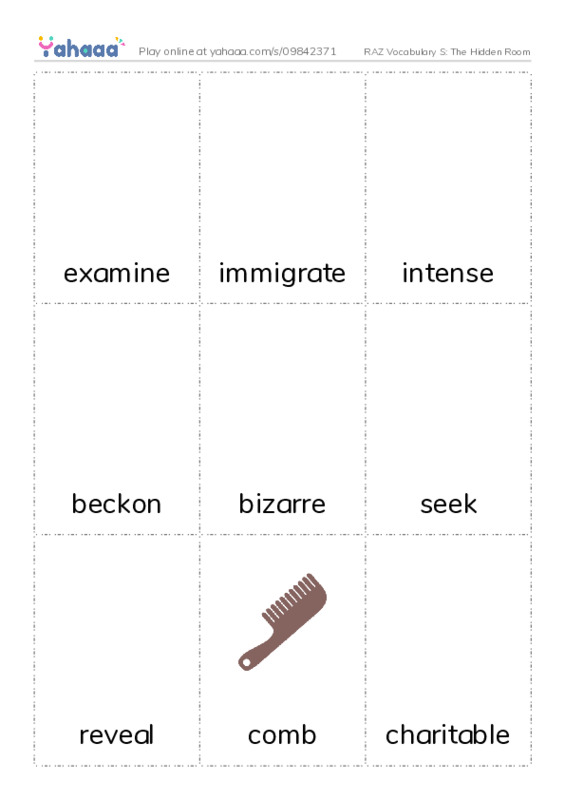 RAZ Vocabulary S: The Hidden Room PDF flaschards with images