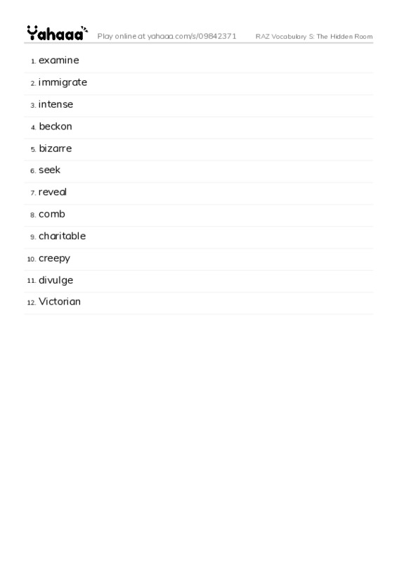 RAZ Vocabulary S: The Hidden Room PDF words glossary