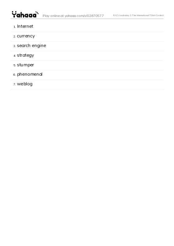 RAZ Vocabulary S: The International TShirt Contest PDF words glossary