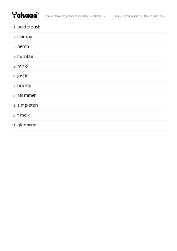 RAZ Vocabulary S: The Moon Bowl PDF words glossary