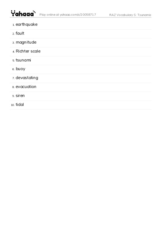 RAZ Vocabulary S: Tsunamis PDF words glossary